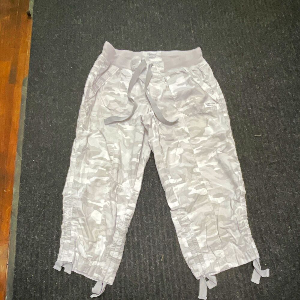 Calvin Klein Women’s Cargo Pants Camo Drawstring Pockets Gray White
